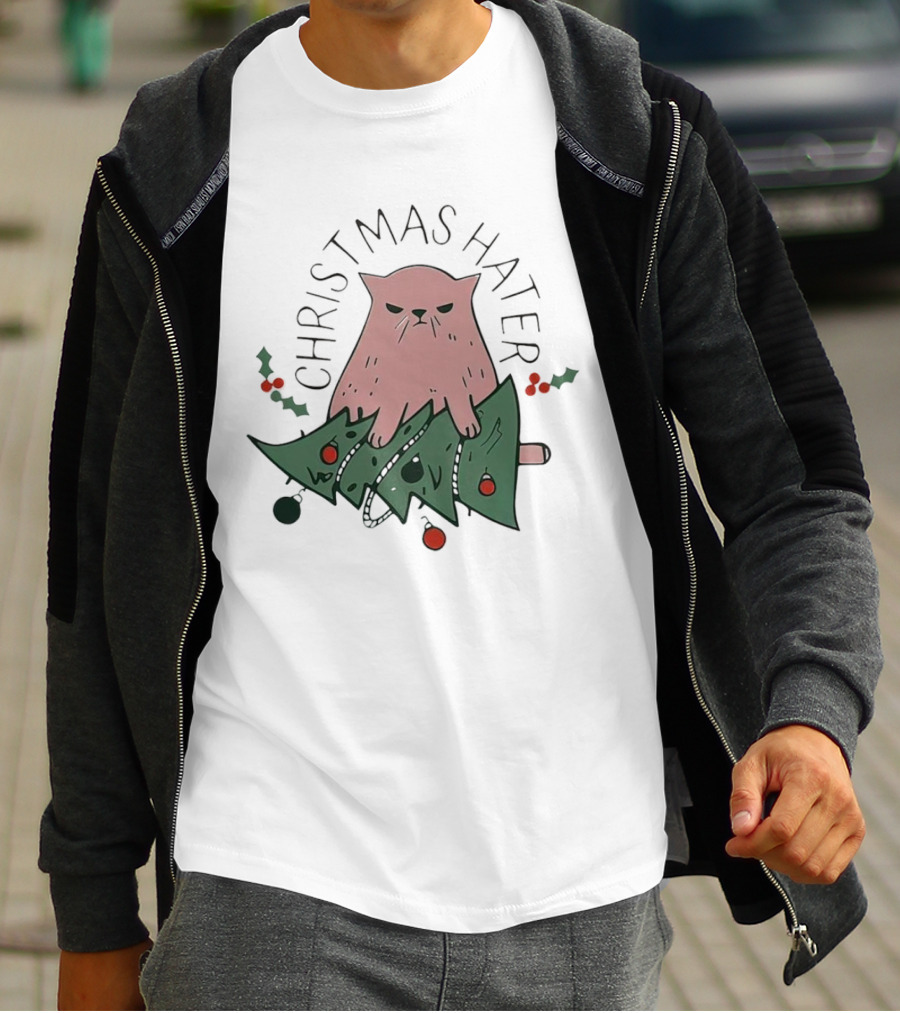 Christmas Hater Angry Cat With Broken Tree And Holly Decorations T-Shirt