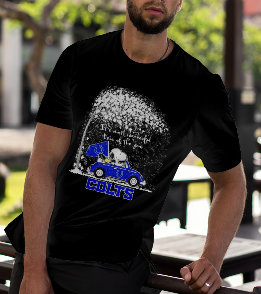 Snoopy And Woodstock Colts It's Most Wonderful Time Of The Year Winter Car Scene T-Shirt