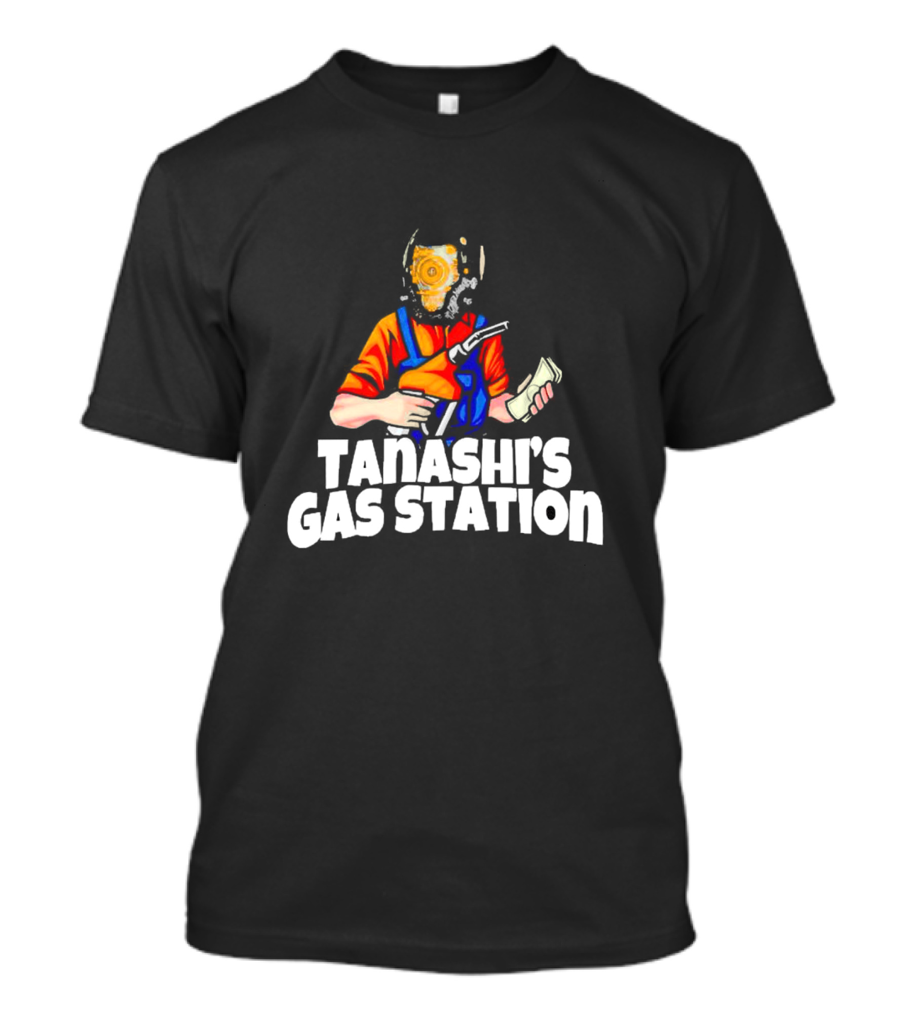 TANASHI’S GAS STATION ATTENDANT WITH RETRO HELMET AND ORANGE UNIFORM HOLDING FUEL PUMP AND MONEY T-Shirt