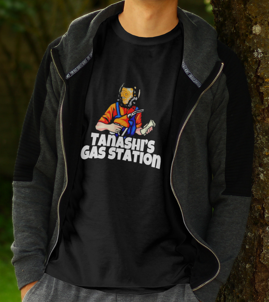 TANASHI’S GAS STATION ATTENDANT WITH RETRO HELMET AND ORANGE UNIFORM HOLDING FUEL PUMP AND MONEY T-Shirt