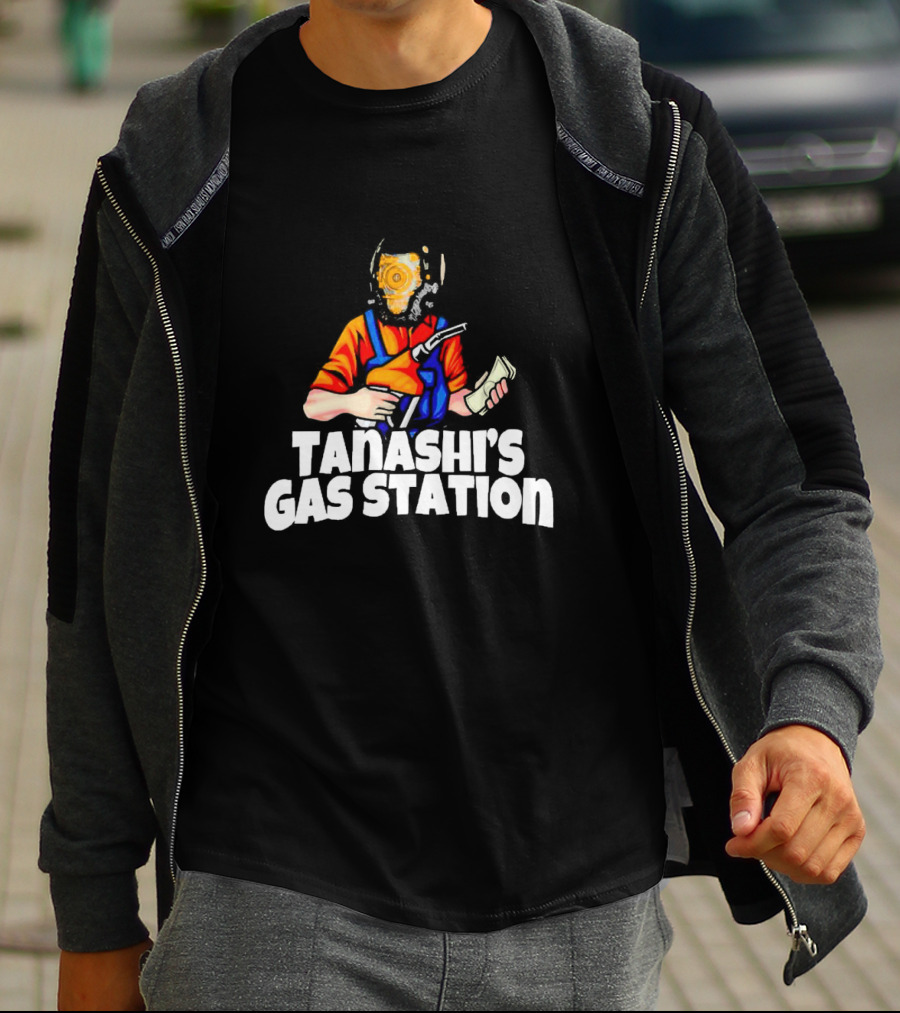 TANASHI’S GAS STATION ATTENDANT WITH RETRO HELMET AND ORANGE UNIFORM HOLDING FUEL PUMP AND MONEY T-Shirt