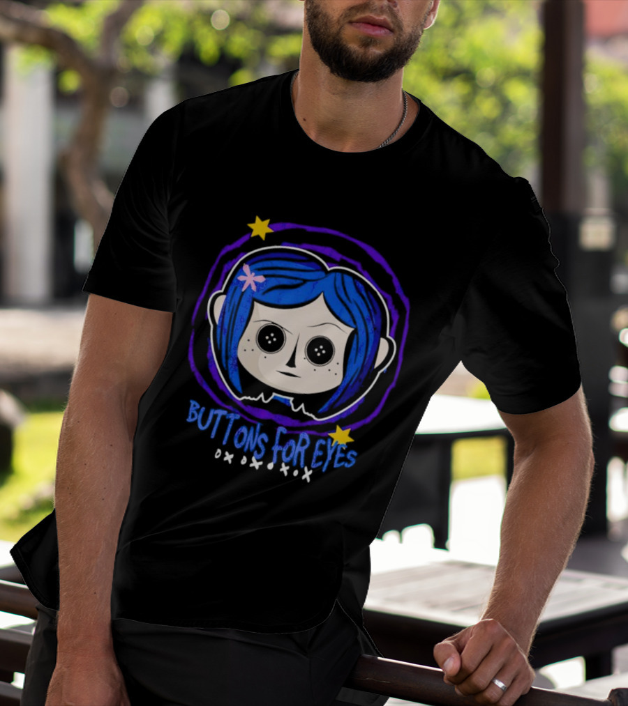 Buttons For Eyes Blue Haired Character With Stars T-Shirt