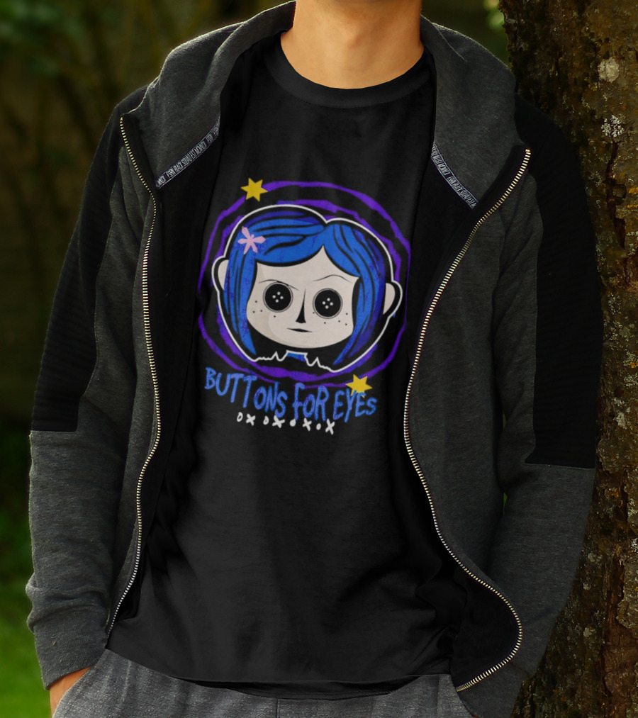 Buttons For Eyes Blue Haired Character With Stars T-Shirt
