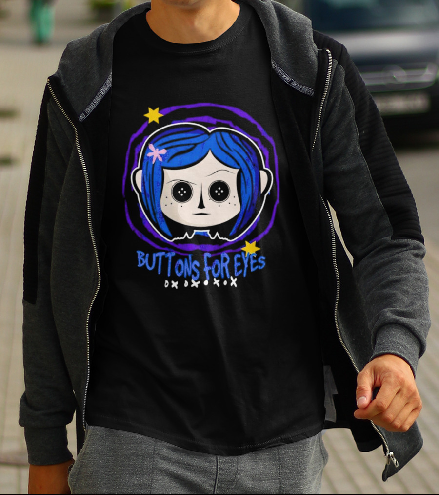 Buttons For Eyes Blue Haired Character With Stars T-Shirt