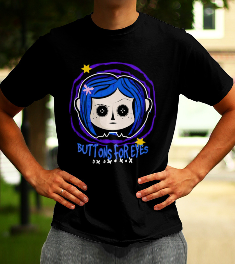 Buttons For Eyes Blue Haired Character With Stars T-Shirt