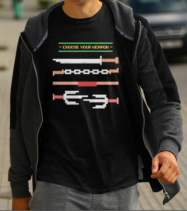 Choose Your Weapon 8-Bit Swords Nunchucks Sai Pixel T-Shirt