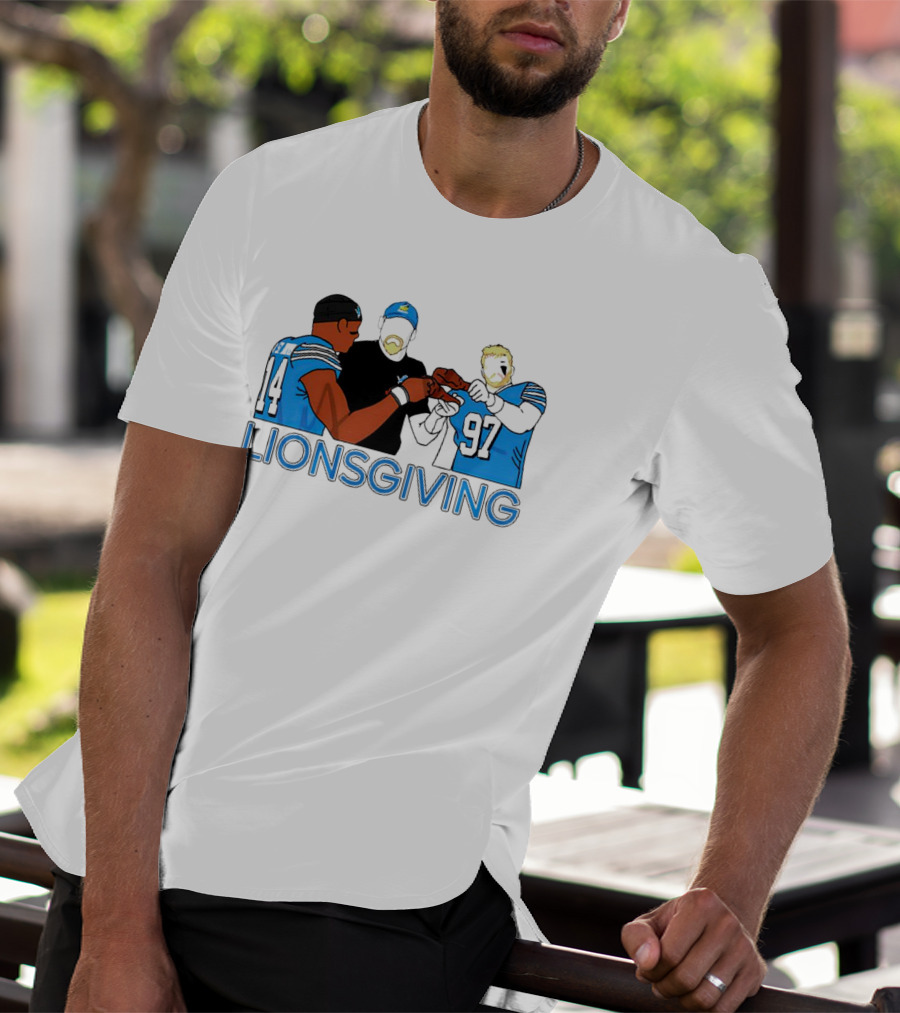 Detroit Lions Lionsgiving Thanksgiving Imagery With Players And Coach T-Shirt