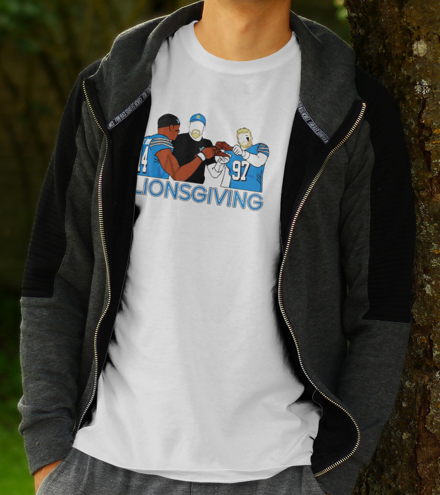 Detroit Lions Lionsgiving Thanksgiving Imagery With Players And Coach T-Shirt