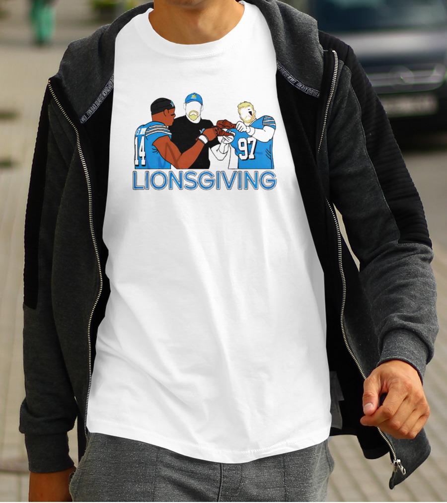 Detroit Lions Lionsgiving Thanksgiving Imagery With Players And Coach T-Shirt