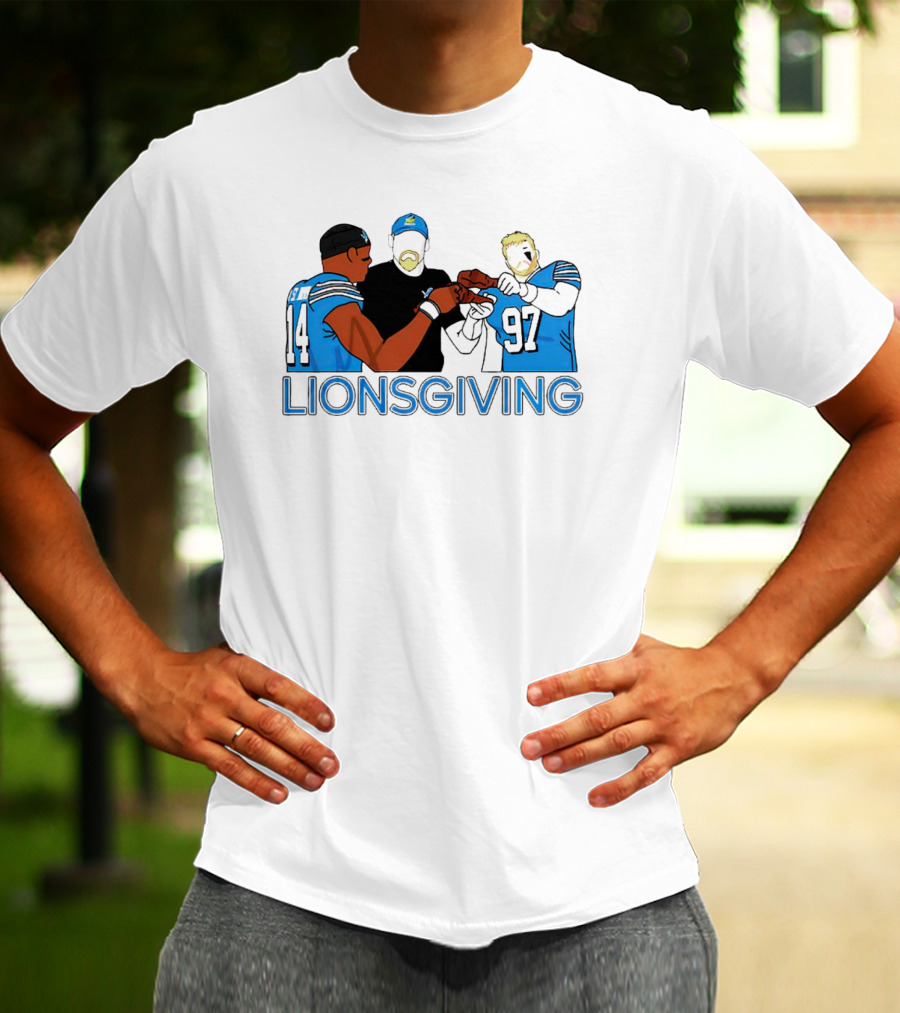 Detroit Lions Lionsgiving Thanksgiving Imagery With Players And Coach T-Shirt