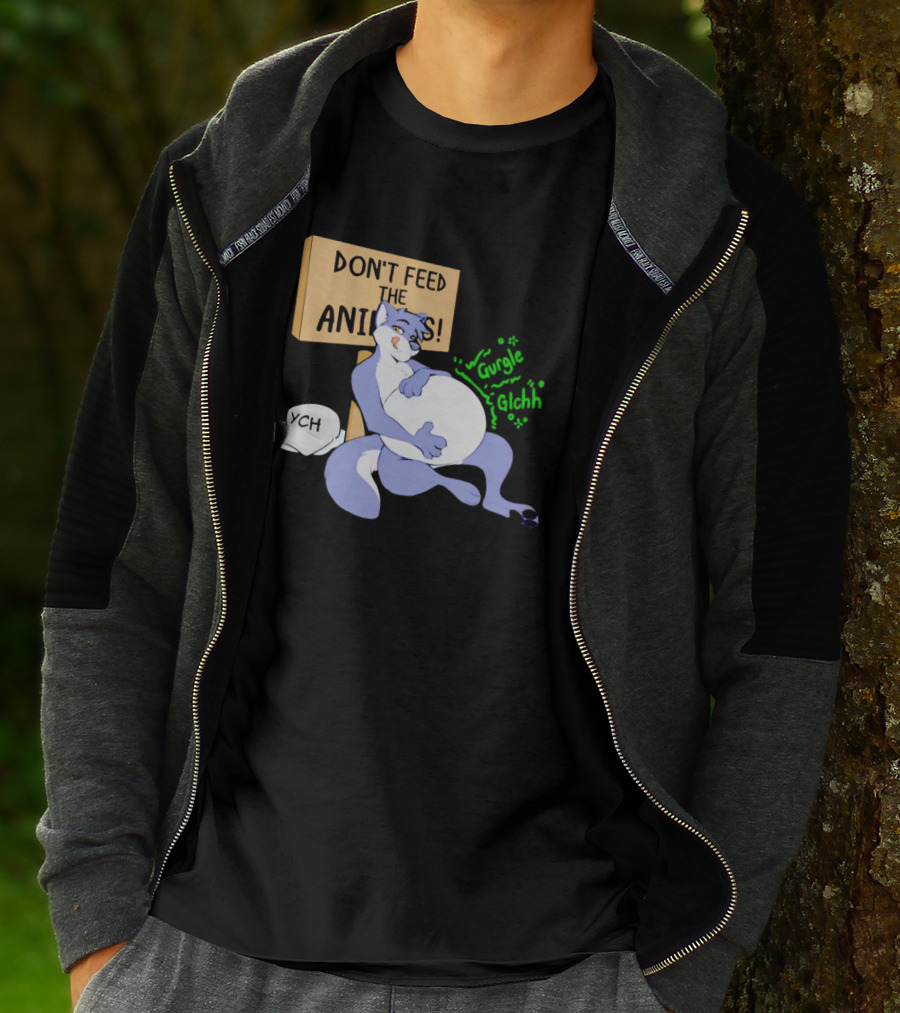 Don't Feed The Animals Gurgle Glchh YCH Sign With Full-Bellied Purple Cartoon Character T-Shirt