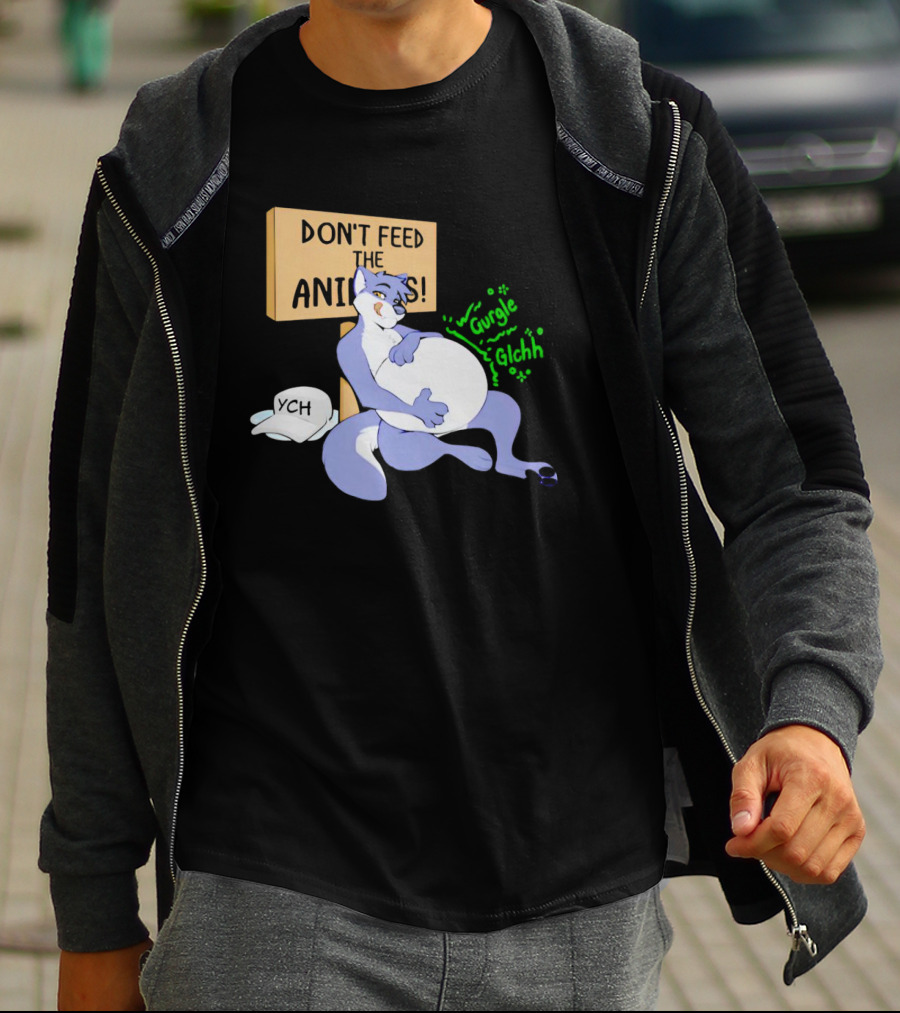 Don't Feed The Animals Gurgle Glchh YCH Sign With Full-Bellied Purple Cartoon Character T-Shirt