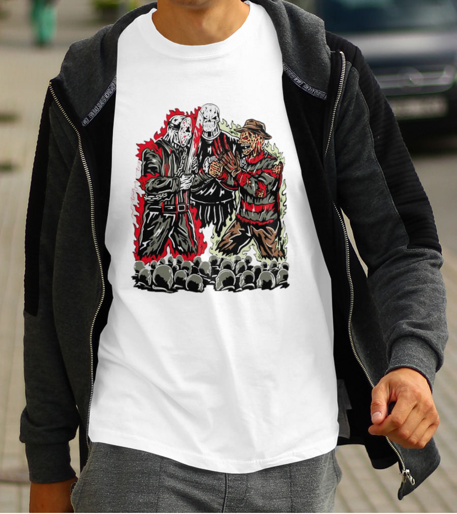Horror Movies Violent Faceoff Battle Trio In Crowded Arena T-Shirt