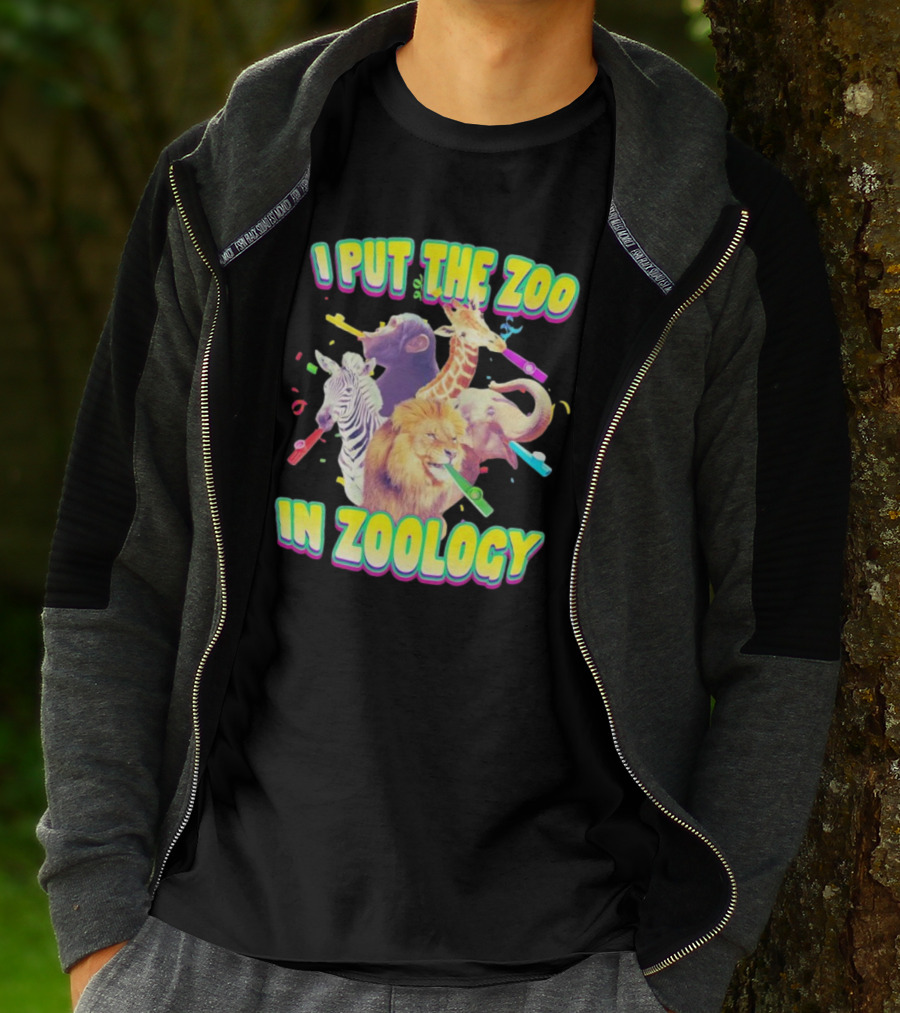 I Put The Zoo In Zoology Lion Elephant Zebra Chimpanzee Giraffe Celebratory Whistles T-Shirt