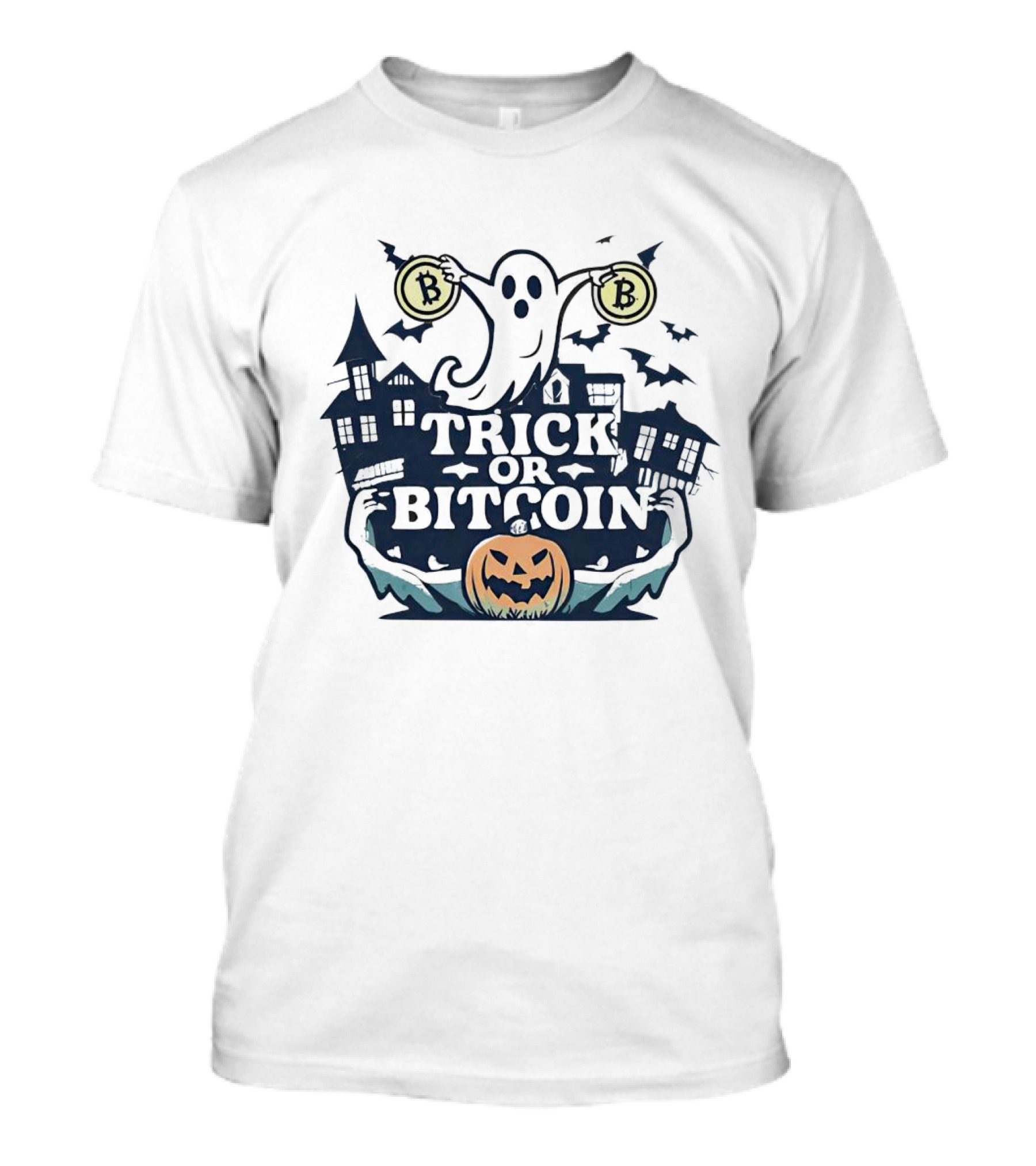 Trick Or Bitcoin Ghost Halloween Haunted House Jack-o'-Lantern T-Shirt