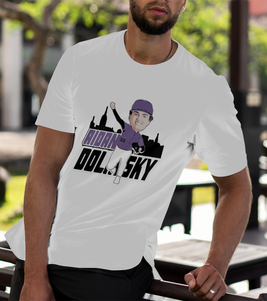 Aidan Dolinsky 55 Purple Baseball Caricature With City Skyline T-Shirt