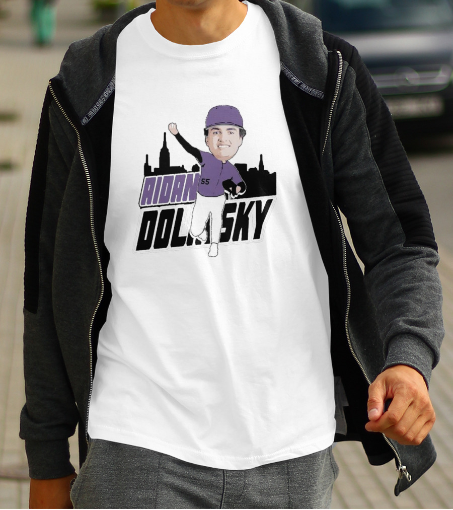 Aidan Dolinsky 55 Purple Baseball Caricature With City Skyline T-Shirt