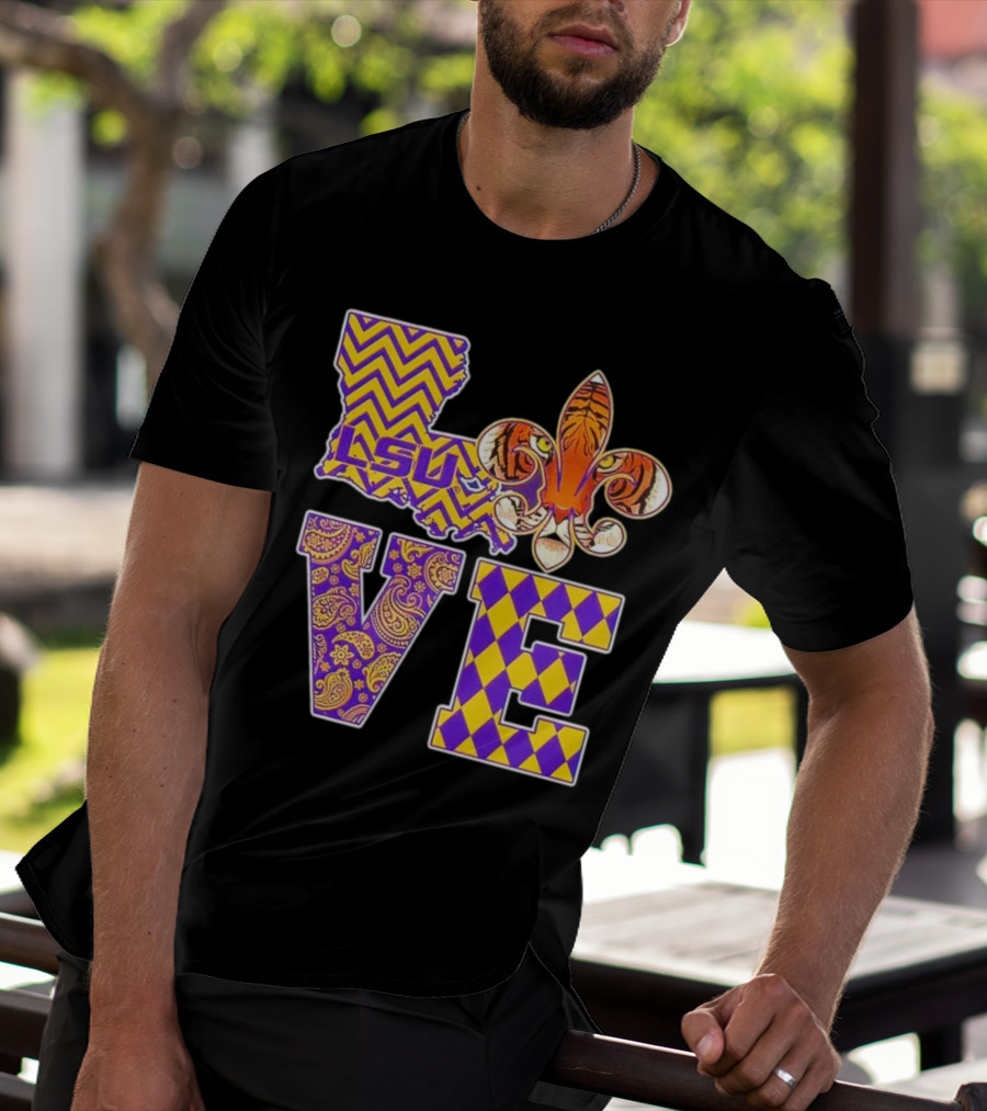 LSU Tigers Love Fleur De Lis Louisiana Purple Gold Chevron Paisley Harlequin T-Shirt