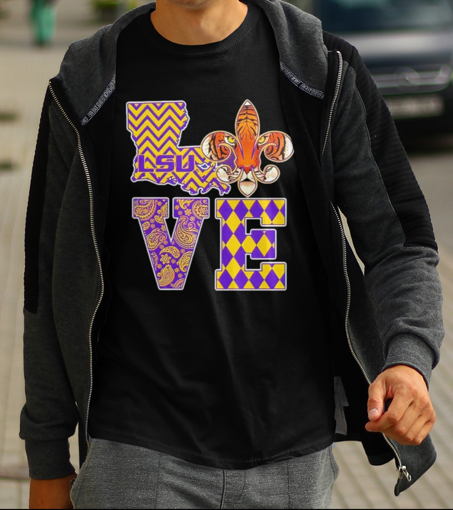 LSU Tigers Love Fleur De Lis Louisiana Purple Gold Chevron Paisley Harlequin T-Shirt