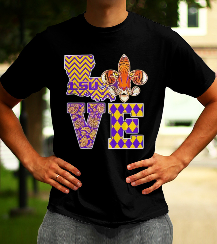 LSU Tigers Love Fleur De Lis Louisiana Purple Gold Chevron Paisley Harlequin T-Shirt
