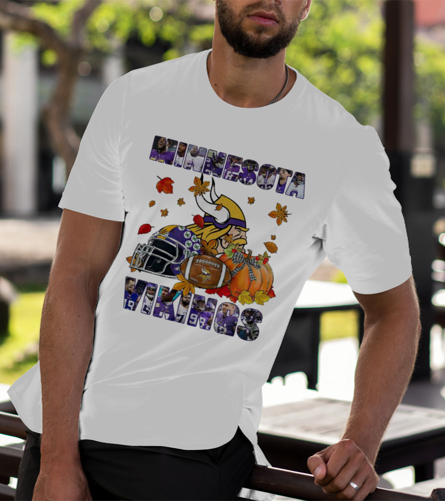 Minnesota Vikings Football Fall Leaves Helmet Pumpkin T-Shirt