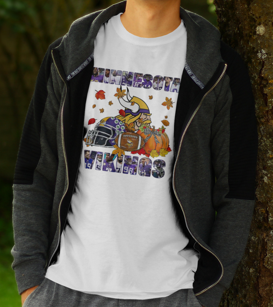 Minnesota Vikings Football Fall Leaves Helmet Pumpkin T-Shirt