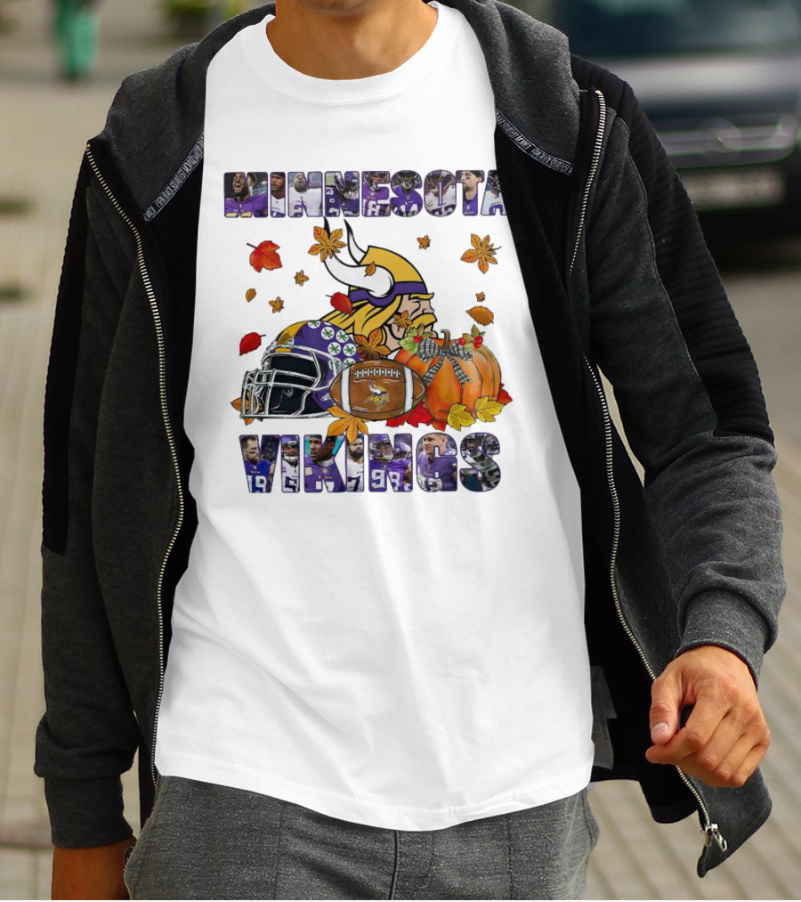 Minnesota Vikings Football Fall Leaves Helmet Pumpkin T-Shirt