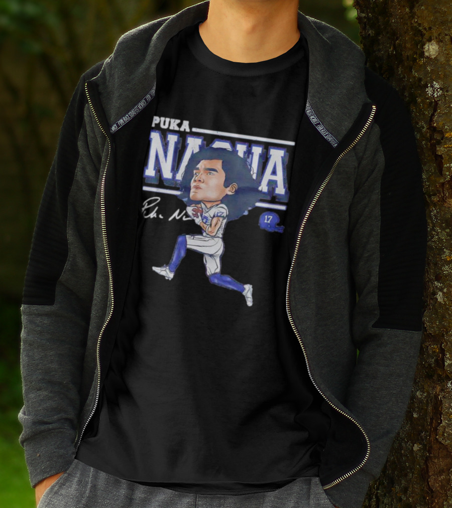 Puka Nacua Los Angeles 17 Cartoon Autograph Football T-Shirt