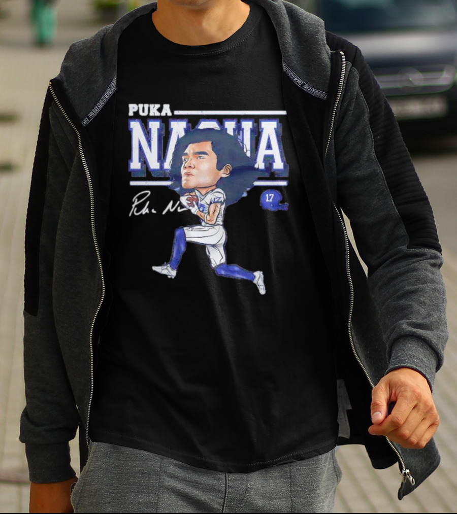 Puka Nacua Los Angeles 17 Cartoon Autograph Football T-Shirt