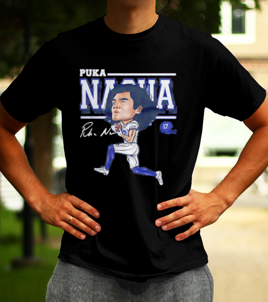 Puka Nacua Los Angeles 17 Cartoon Autograph Football T-Shirt