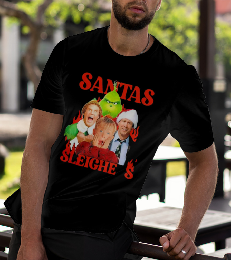 Santas Sleighers Christmas Rock Tour Featuring Iconic Holiday Characters T-Shirt