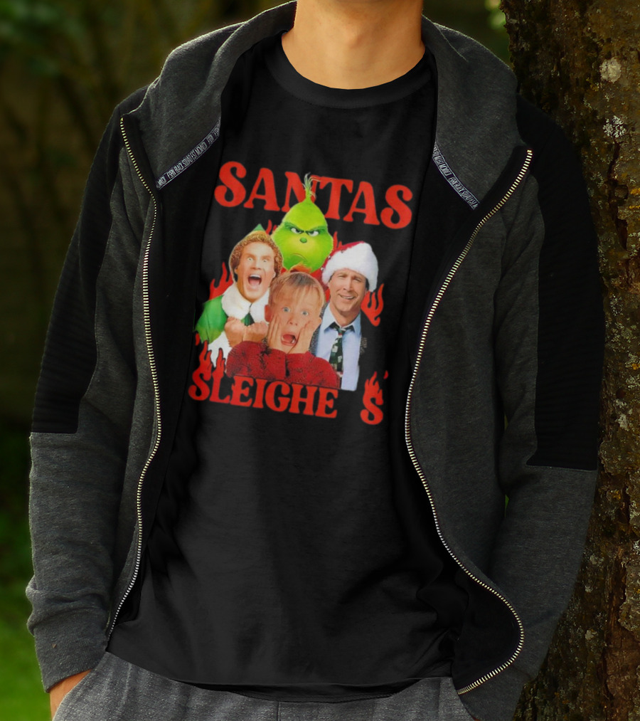 Santas Sleighers Christmas Rock Tour Featuring Iconic Holiday Characters T-Shirt