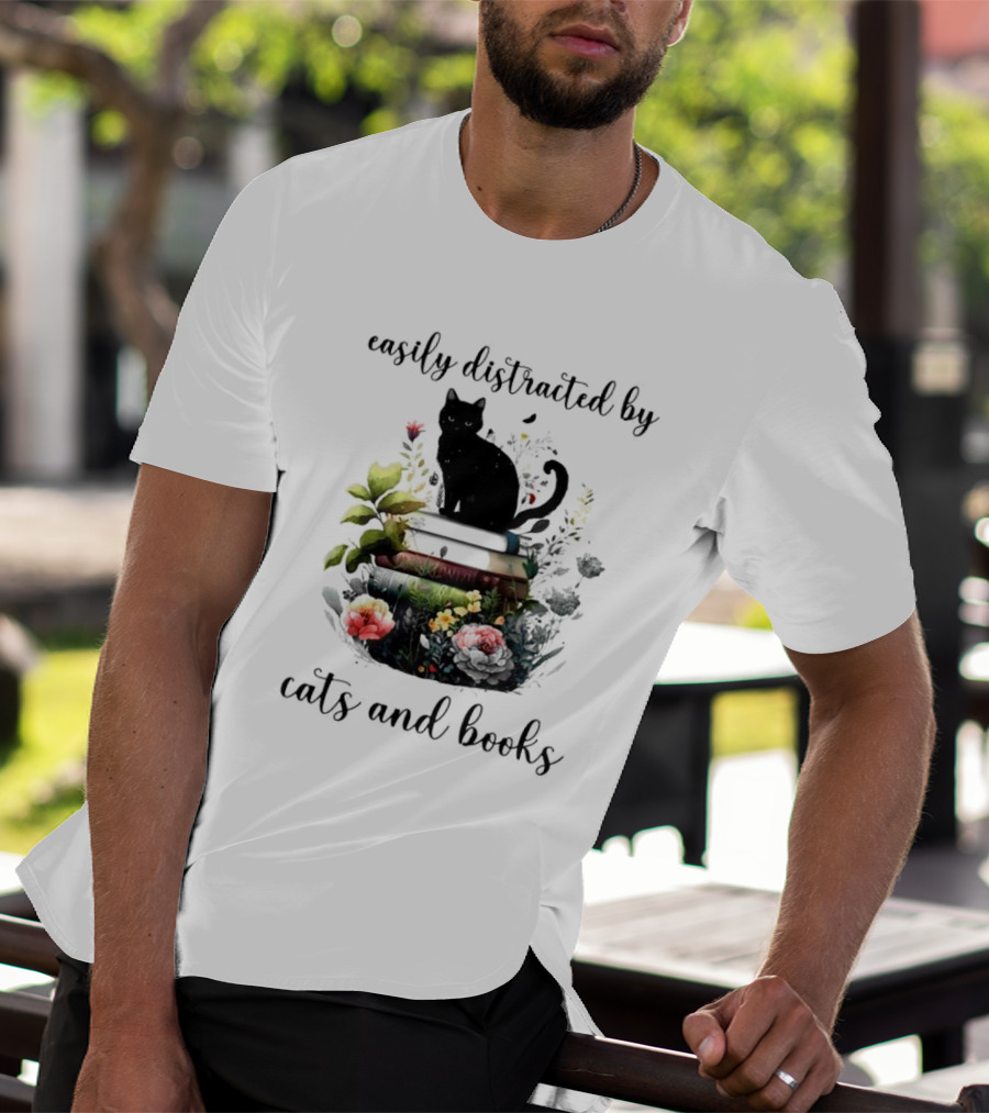 Easily Distracted By Cats And Books Black Cat On Stacked Books With Flowers T-Shirt