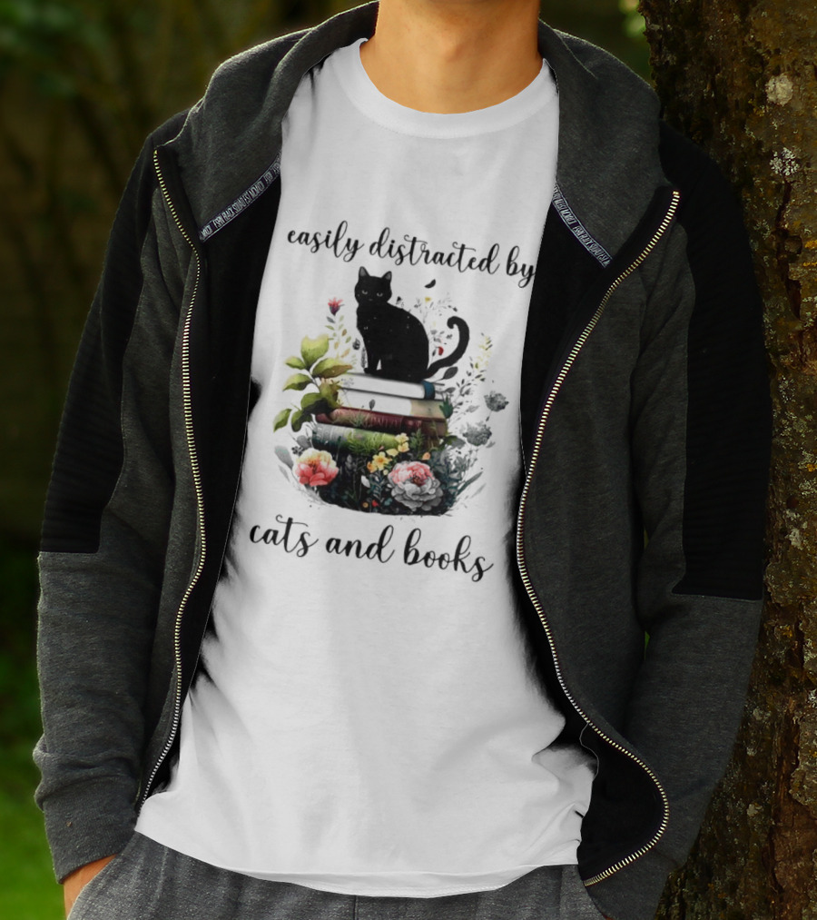 Easily Distracted By Cats And Books Black Cat On Stacked Books With Flowers T-Shirt