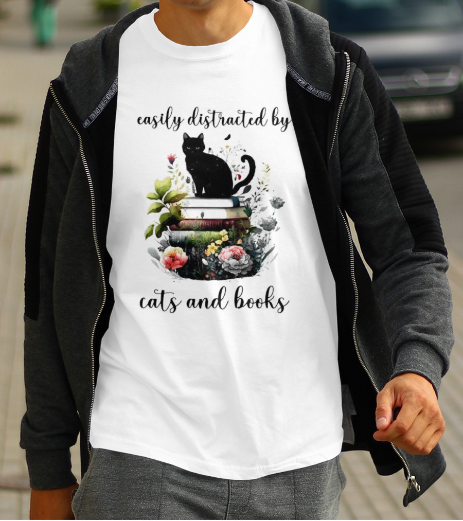 Easily Distracted By Cats And Books Black Cat On Stacked Books With Flowers T-Shirt