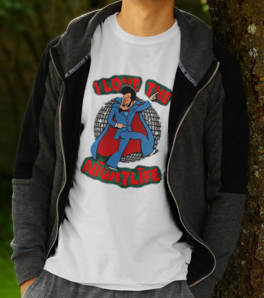 I Love The Nightlife Dracula Disco Dancing With Cape And Disco Ball T-Shirt