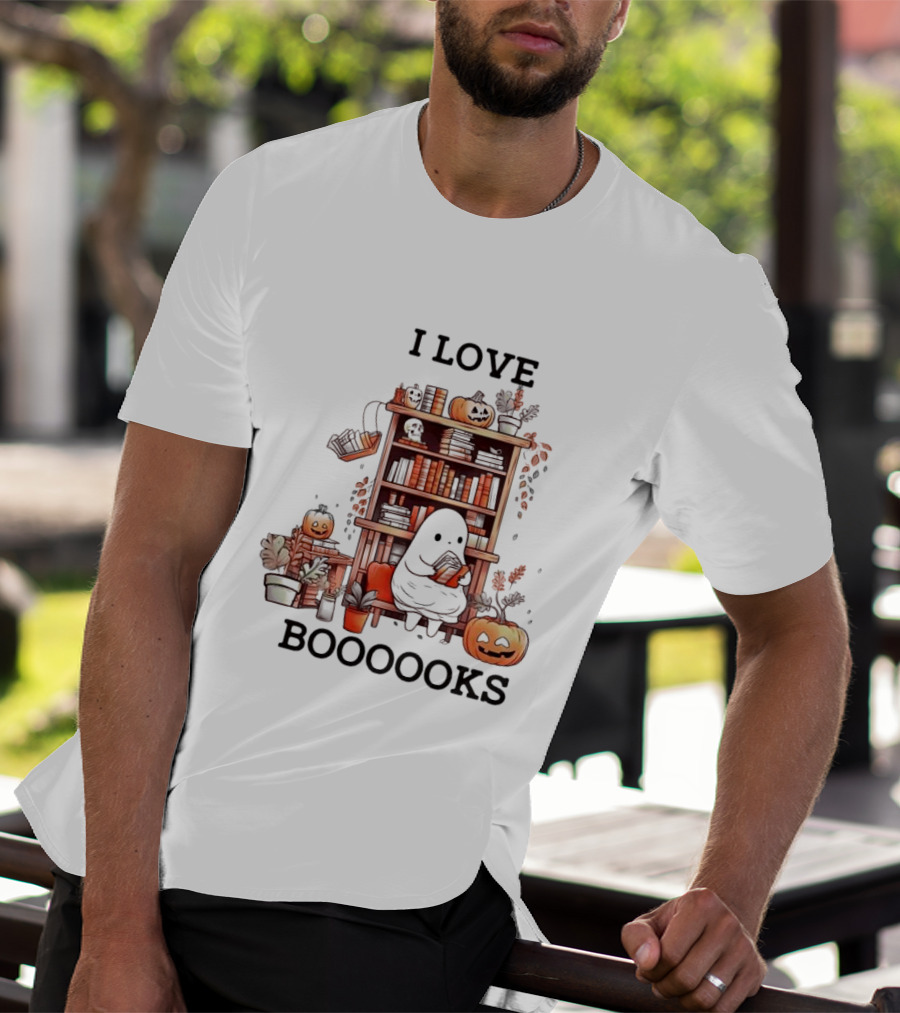 I Love Boooooks Ghost Reading With Pumpkins And Bookshelf Halloween T-Shirt