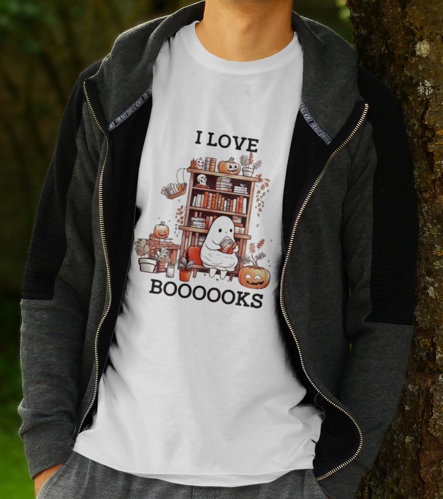 I Love Boooooks Ghost Reading With Pumpkins And Bookshelf Halloween T-Shirt