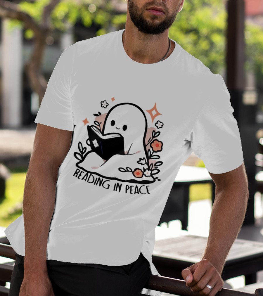 Reading In Peace Halloween Ghost Surrounded By Flowers T-Shirt