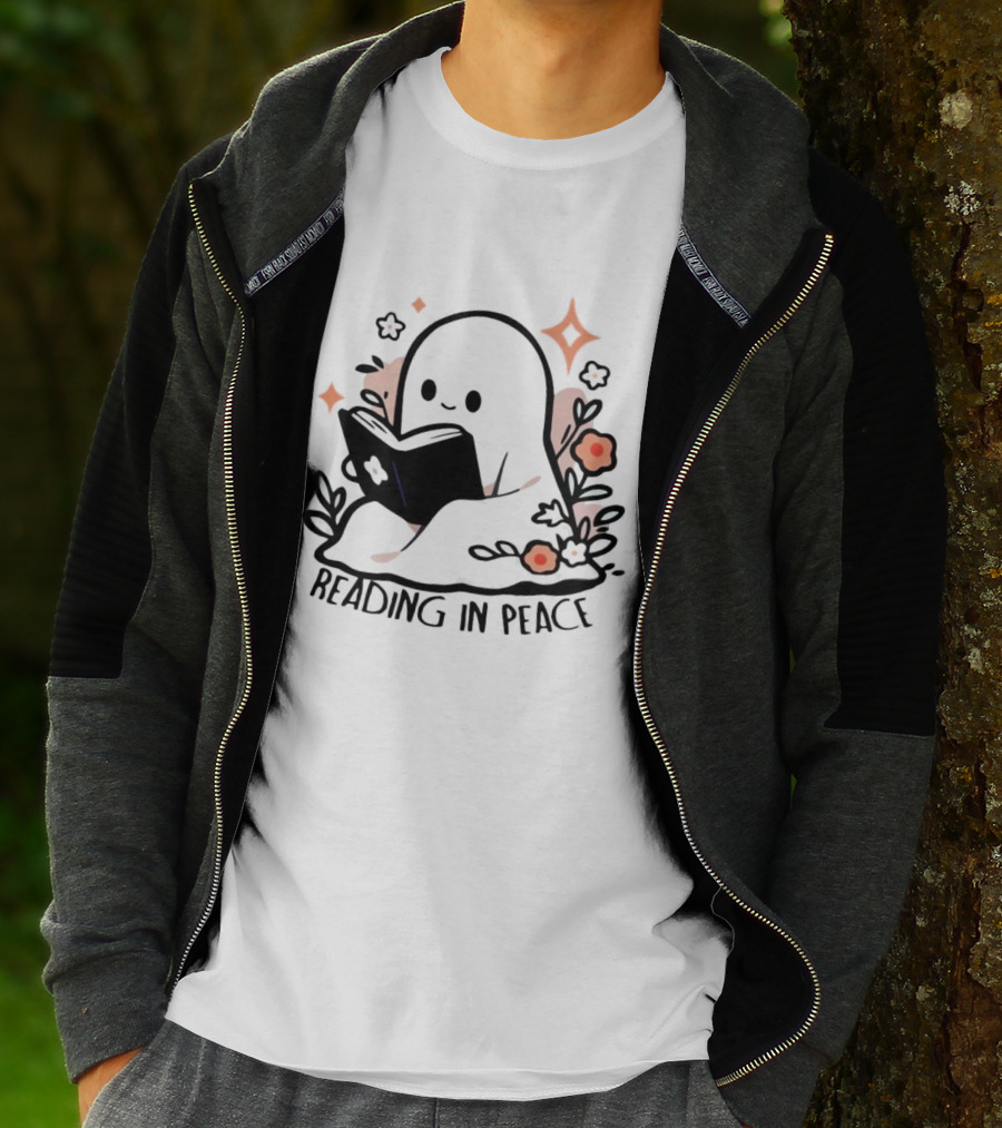 Reading In Peace Halloween Ghost Surrounded By Flowers T-Shirt