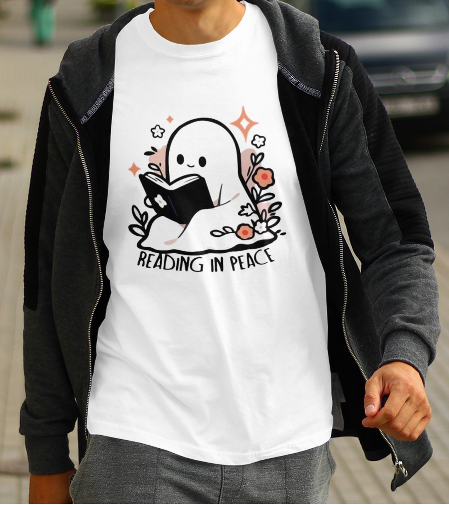 Reading In Peace Halloween Ghost Surrounded By Flowers T-Shirt