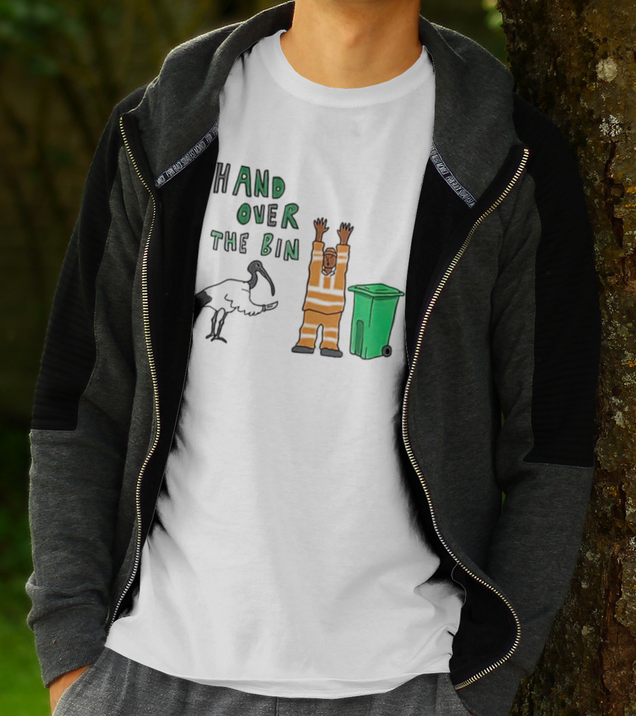 Hand Over The Bin Garbage Collector And Bird Cartoon Scene T-Shirt