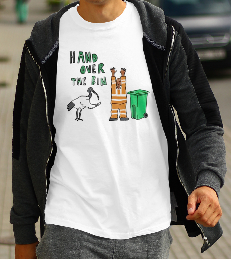 Hand Over The Bin Garbage Collector And Bird Cartoon Scene T-Shirt