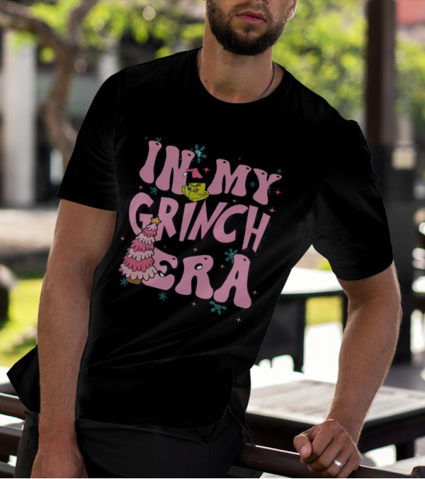 In My Grinch Era Pink Christmas Tree With Green Face And Santa Hat T-Shirt