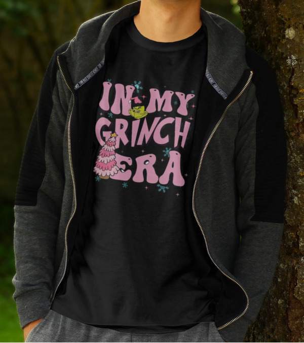 In My Grinch Era Pink Christmas Tree With Green Face And Santa Hat T-Shirt