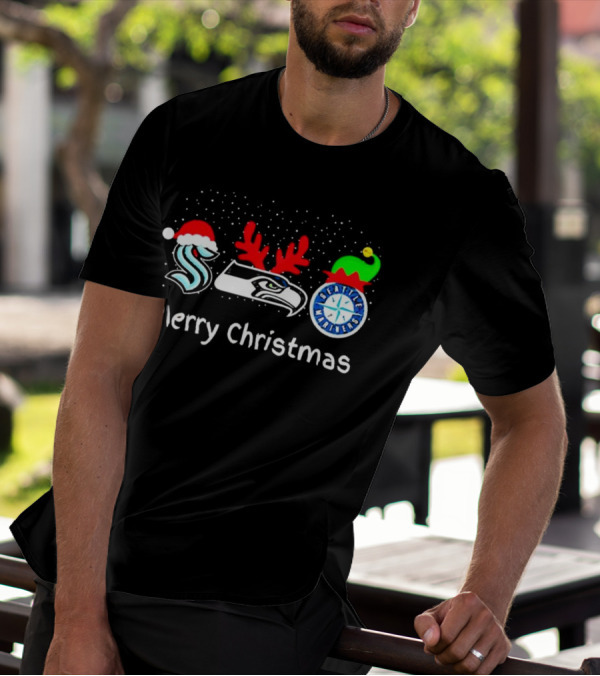Seattle Kraken Seahawks Mariners Santa Reindeer Elf Merry Christmas T-Shirt