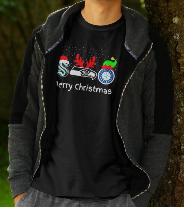 Seattle Kraken Seahawks Mariners Santa Reindeer Elf Merry Christmas T-Shirt