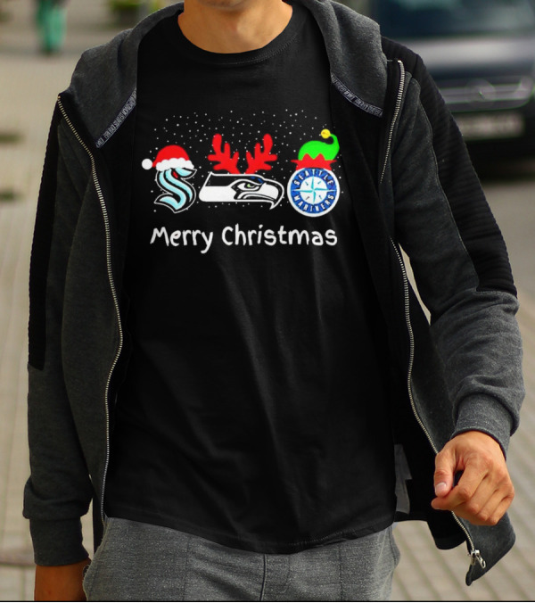 Seattle Kraken Seahawks Mariners Santa Reindeer Elf Merry Christmas T-Shirt