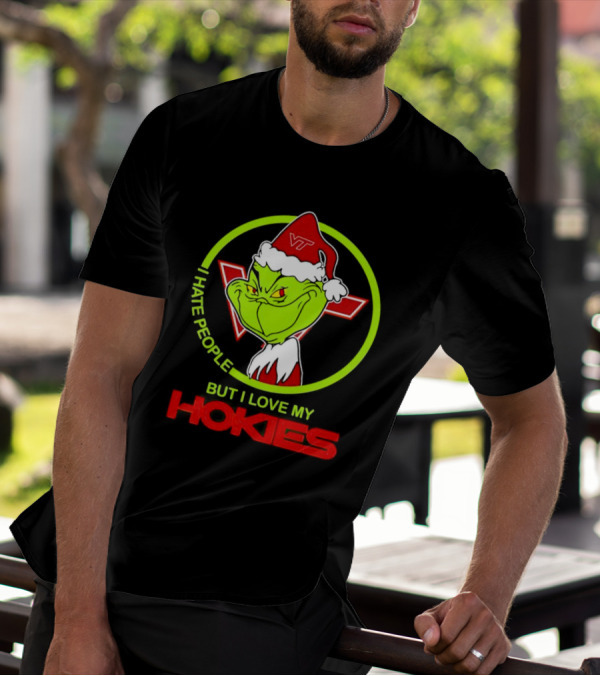 I Hate People Grinch Loves Hokies Christmas VT Santa Hat T-Shirt