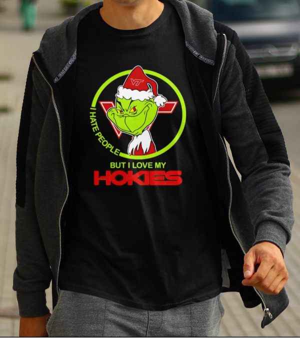 I Hate People Grinch Loves Hokies Christmas VT Santa Hat T-Shirt
